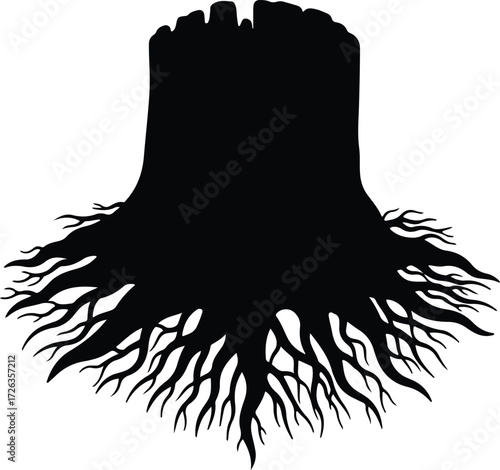 Vector Abstract tree stump with roots silhouette Illustrator