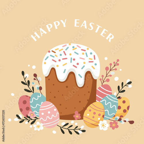 Cute Easter cake with colorful sprinkles, decorative eggs, and floral accents, vector illustration in clean flat style