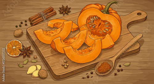 Sketch style drawing of pumpkin slices with rustic healthy lifestyle feel on wooden cutting board with spices and spoon