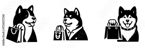 Modern Minimalist Alaskan Malamute Holding Shopping Bag Icon, Flat Silhouette of a Dog Vector for Lifestyle Illustration Design