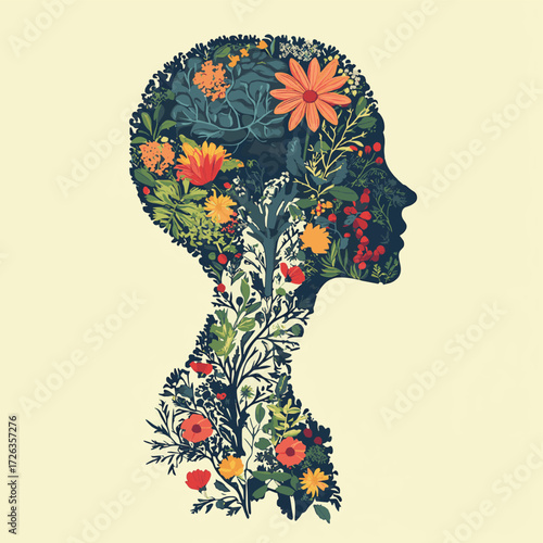 Anatomy of Abstract Thought A Fusion of Botanical Growth and Human Cranium Exploring the Fragile Beauty of the Mind , vector style simple color