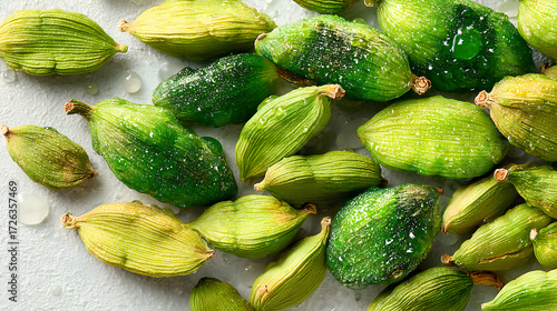 Close-up of shelled green cardamom pods scattered on a light gray surface.
