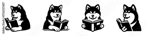 Modern Minimalist Akita Dog Reading Book Icon, Flat Silhouette of a Dog Vector for Education Illustration Design