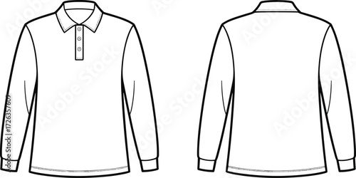 CAD drawing flat vector illustration of long sleeve polo shirt design, three-button placket, pointed collar, fashion sketch layout front back