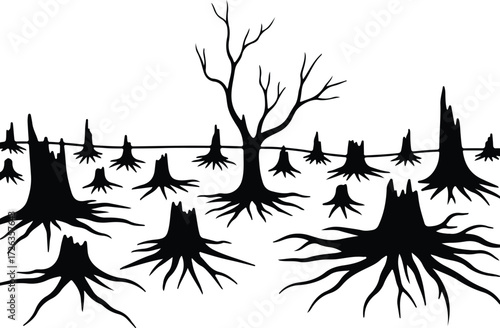 Vector Deforestation landscape with tree stumps silhouette Illustrator