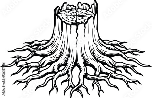 Vector Detailed tree stump and roots black silhouette Illustrator