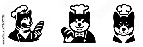 Modern Minimalist Akita Dog Baker Icon, Flat Silhouette of a Bread Pet Vector for Bakery Illustration Design
