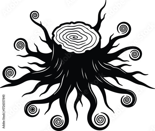 Vector Fantasy tree stump with spiral branches silhouette Illustrator
