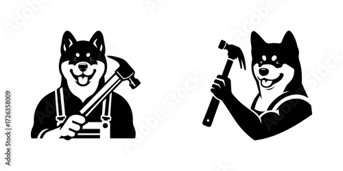 Modern Minimalist Akita Dog Builder Icon, Flat Silhouette of a Construction Pet Vector for Worker Illustration Design