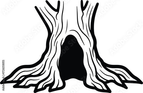 Vector Hollow tree trunk with roots and hole silhouette Illustrator