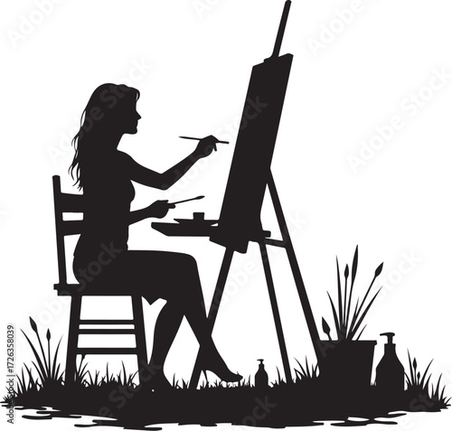 Woman artist painting on easel in silhouette vector