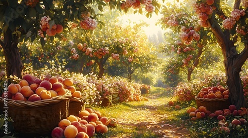 Peach Orchard in Golden Sunlight
