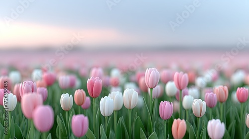 Vibrant Tulip Field Displaying Pink White and Peach Blossoms Under a Soft Sky in Horizontal Composition