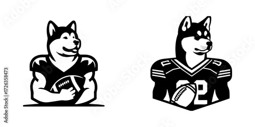 Modern Minimalist Akita Dog Football Player Icon, Flat Silhouette of a Sports Pet Vector for Athletic Illustration Design