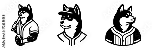 Modern Minimalist Akita Dog Baseball Player Icon, Flat Silhouette of a Sports Pet Vector for Athletic Illustration Design