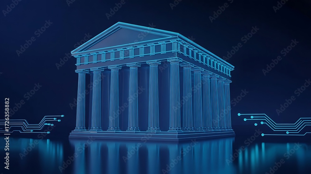 Obraz premium Futuristic Digital Illustration of a Classical Building Enhanced with Glowing Circuit Patterns, Symbolizing Modern Technology Integration