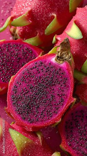 Close-up of sliced dragon fruit showing dark red flesh and black seeds.
