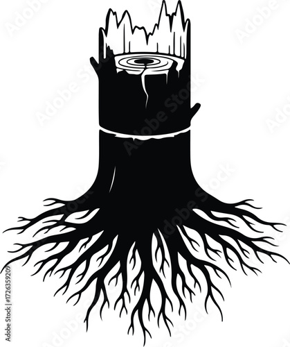 Vector Stump with roots isolated on white background silhouette Illustrator