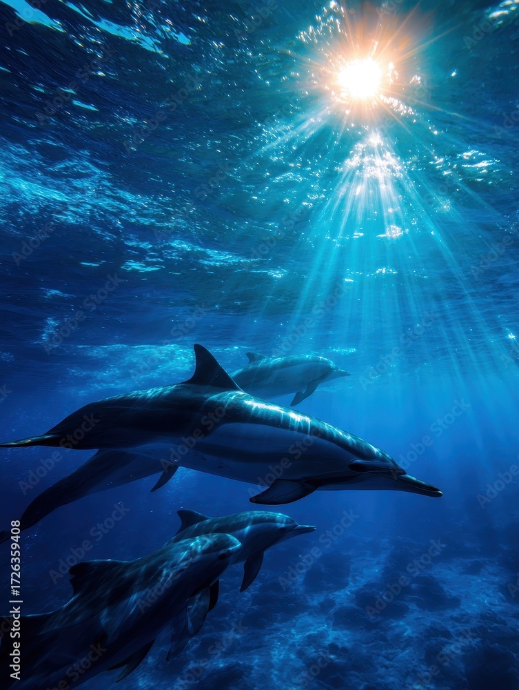 Obraz premium Dolphins Swimming Towards Sunlight in Deep Blue Ocean