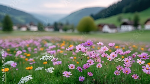 Vibrant Wildflower Meadow in Spring with Natural Sunlight and a Dreamy Atmosphere Featuring Pink Purple Orange and White Flowers Set Against a Backdrop of Rolling Green Hills