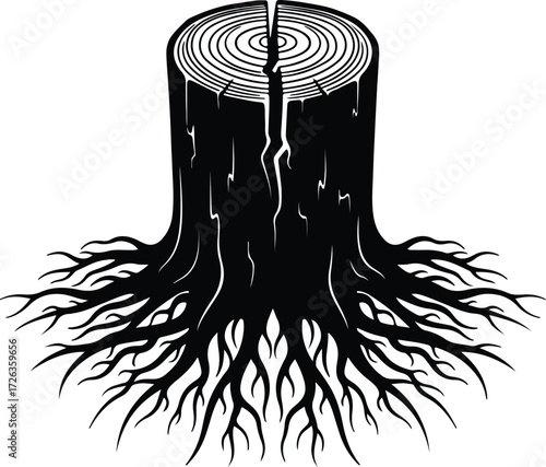 Vector Tree stump and roots illustration silhouette Illustrator