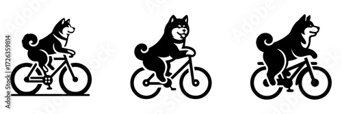 Modern Minimalist Akita Dog Riding Bicycle Icon, Flat Silhouette of a Pet on Vehicle Vector for Adventure Illustration Design