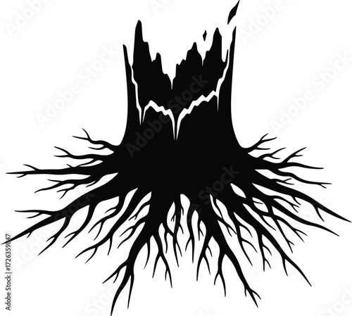 Vector Tree stump decayed and roots silhouette Illustrator