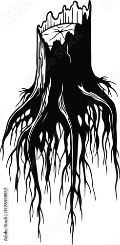 Vector Tree stump detailed with roots abstract silhouette Illustrator