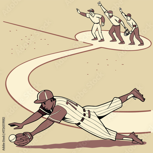 Baseball Dive: Dynamic illustration captures a baseball player's dramatic dive to catch a ball, baseball game action with a retro style, umpire signaling safe.