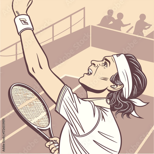 Tennis Victory Illustration: A stylized illustration captures a tennis player's moment of triumph, his arm raised high in celebration, against the backdrop of a tennis court.