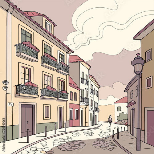 City Street Illustration: An enchanting illustration of a quaint city street, depicting the charm of urban architecture. capture the essence of cityscapes.