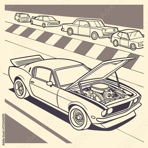 Vintage Car Maintenance: A classic car with its hood open, undergoing repairs on a road, embodying the nostalgic charm of vintage vehicles.