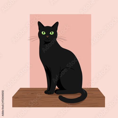 Black cat sitting on doorstep in flat vector illustration with clean lines and pastel background