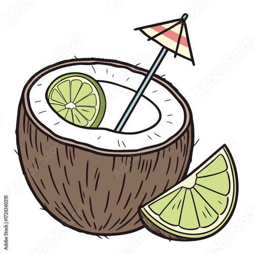Tropical Coconut Cocktail: A refreshing tropical cocktail, served in a halved coconut shell, garnished with lime, and topped with a charming mini-umbrella.