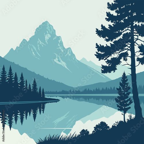 Mountain Lake Serenity: A tranquil lake reflects the majestic mountain range and surrounding evergreen forests, captured in a minimalist artistic style.