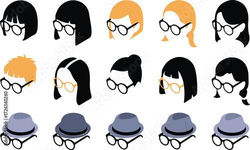 Diverse hairstyles and glasses on stylized heads