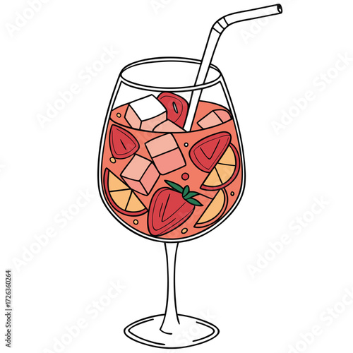 Refreshing Summer Sip: A vibrant summer cocktail with ice cubes, strawberry slices, and lemon wedges, offering a taste of coolness and refreshment.
