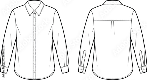 Classic long sleeve button-down shirt fashion flat sketch, technical drawing with basic collar, front and back view, vector apparel template.