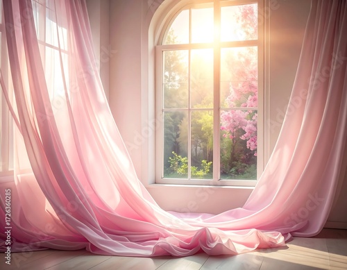 Soft pink curtains billowing around a window, sunlight streaming in