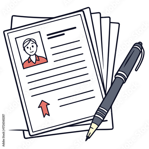 Resume and Pen: A simple illustration of a resume featuring a person's portrait, alongside a pen, on an empty desk, the focus is on professional documents and essential writing tools.