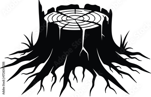 Vector Tree stump rings root system silhouette Illustrator