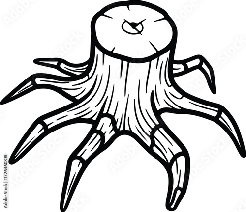 Vector Tree stump with roots black and white silhouette Illustrator
