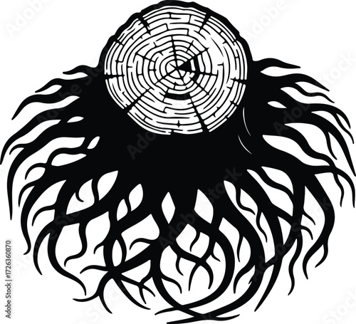 Vector Tree stump with roots black decorative silhouette Illustrator
