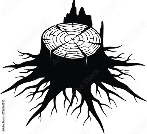 Vector Tree stump with roots black silhouette Illustrator