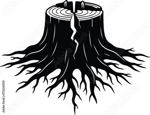 Vector Tree stump with roots silhouette Illustrator