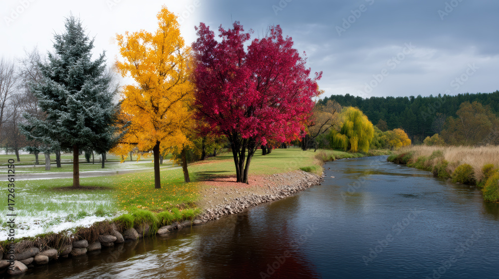 Fototapeta premium Autumn trees by river with colorful foliage and calm mood