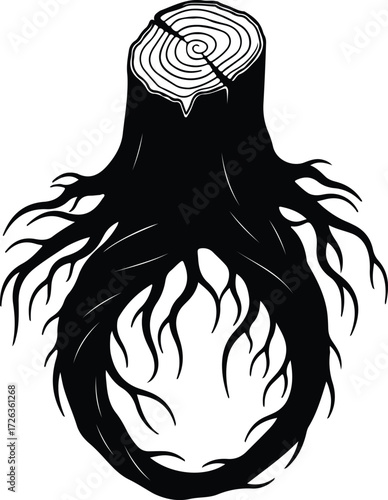 Vector Tree stump with roots stylized black silhouette Illustrator