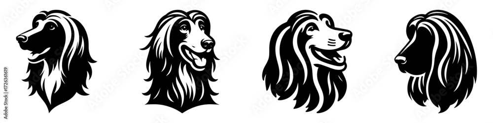 Fototapeta premium Modern Minimalist Afghan Hound Icon, Flat Silhouette of a Dog Head Side View with Mouth Open Vector for Pet Illustration Design