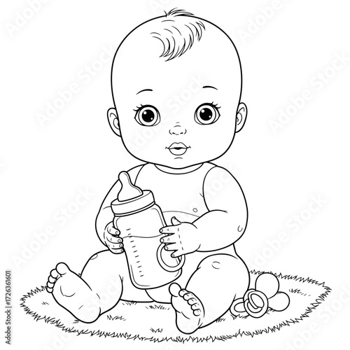 A cute cartoon baby holding a bottle sits on a mat with pacifiers and a ball, perfect for early childhood themes.