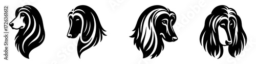 Modern Minimalist Afghan Hound Icon, Flat Silhouette of a Dog Head Looking Down Vector for Pet Illustration Design